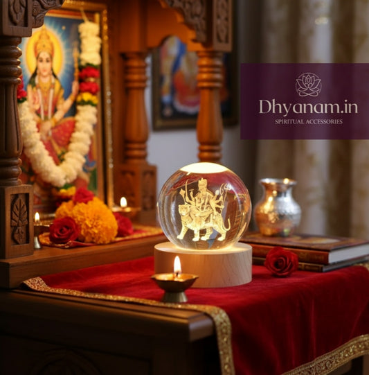 ✨Premium 3D Durga Maa Crystal Globe Lamp with Wooden LED Base – Power, Protection & Divine Energy🛕✨️