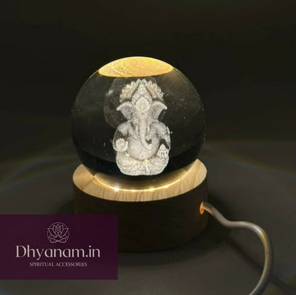 ✨ Premium 3D Ganesh Crystal Globe Lamp with Wooden LED Base🛕✨️